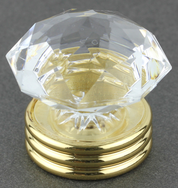 Diamond Cut Clear Acrylic Knob - Large Three Ring Base - Brass Plated 1-3/8"