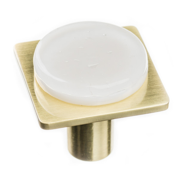 Geometric round white on square satin brass knob