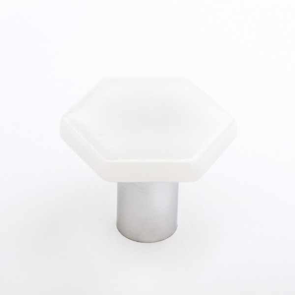 Hexagon irid white knob with polished chrome base