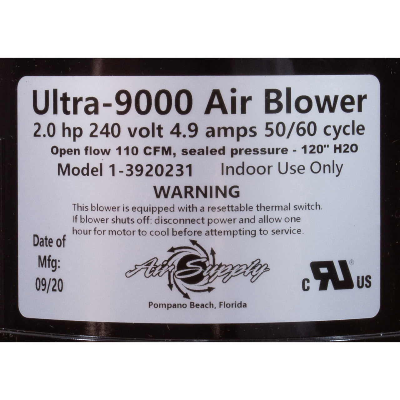 Blower, Air Supply Ultra 9000, 2.0hp, 230v, 5.5A, 4ft AMP