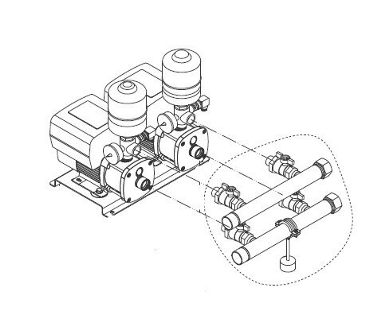 Grundfos CMBE Twin booster connection drawing 1"-1 1/4" inlet