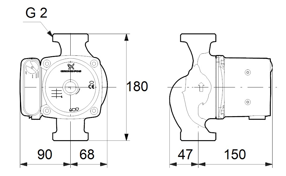 Grundfos UPS 32-100N dimensions