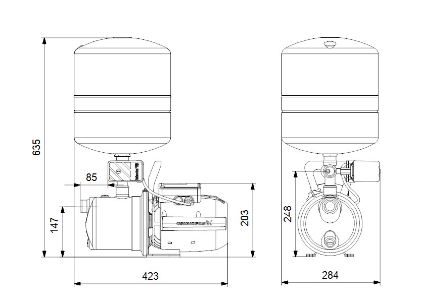 Grundfos JP 3-42 PT-V dimensions