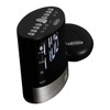 Image: electric clock radio with big white numbers and wireless pillow vibrator, top view