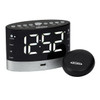 Image: electric clock radio with big white numbers and wireless pillow vibrator