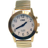 Image: touch face talking watch with a white face and gold flex band
