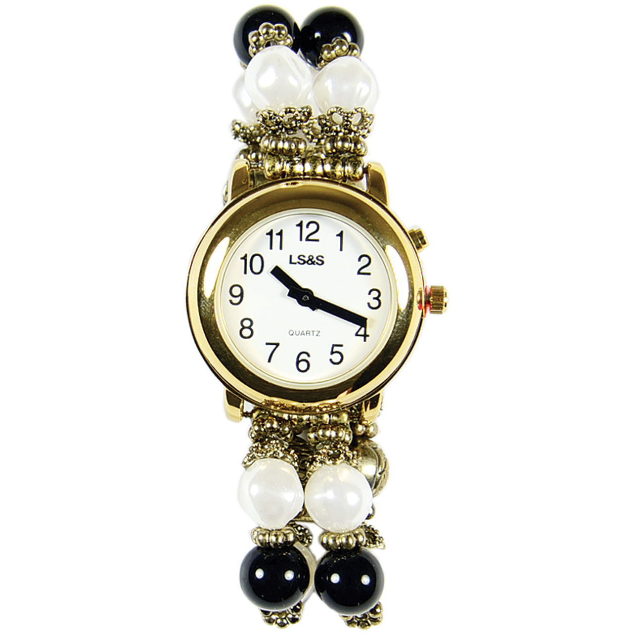 Ladies 1 Button Gold Talking Watch Black and White Beaded LS S