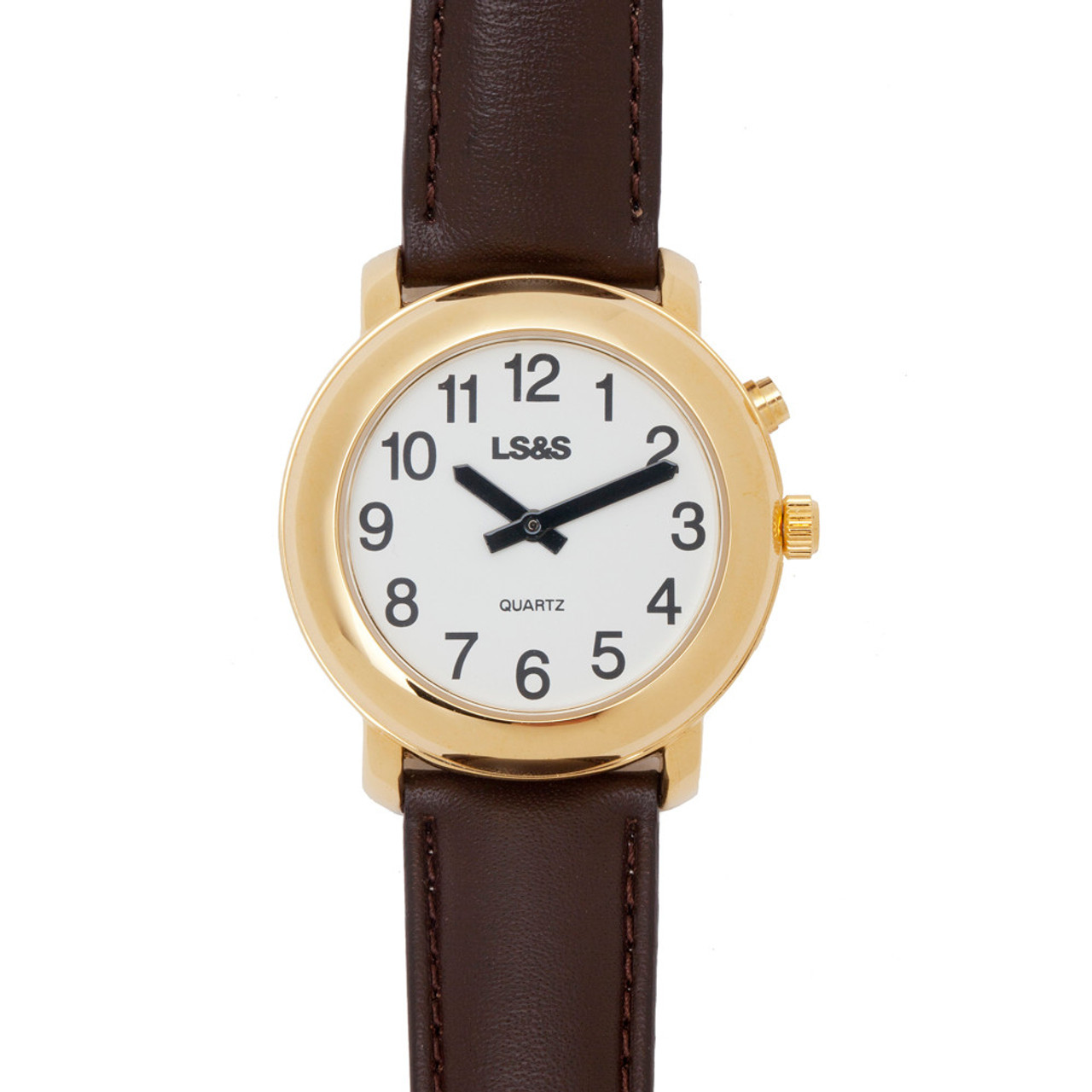 One Button Talking Watch - Gold w/ Brown Leather Band