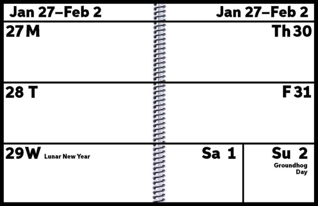 image: EZ2See planning calendar, 1 week view spread over 2 facing pages