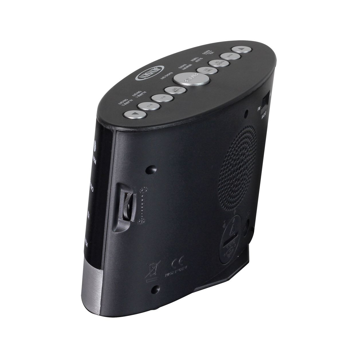 Image: electric clock radio with big white numbers and wireless pillow vibrator, back view