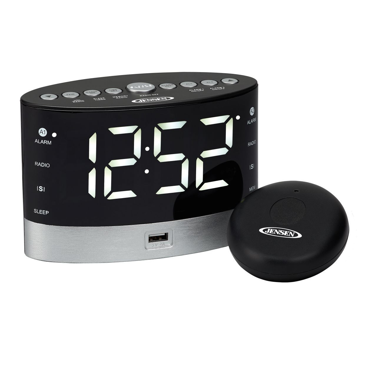 Image: electric clock radio with big white numbers and wireless pillow vibrator