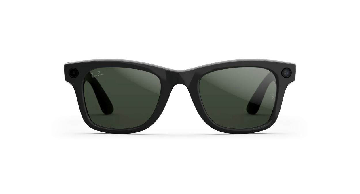 image: Ray-Ban Meta glasses with green transition lenses, dark, front view