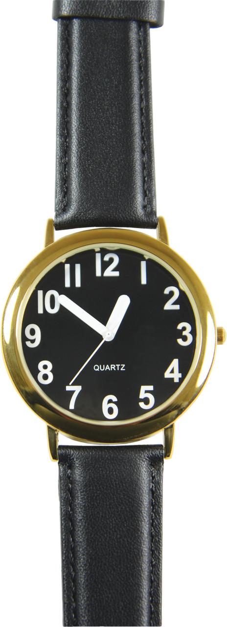 Unisex Low Vision Watch Gold Tone With Black Face - White Numbers and Leather Band