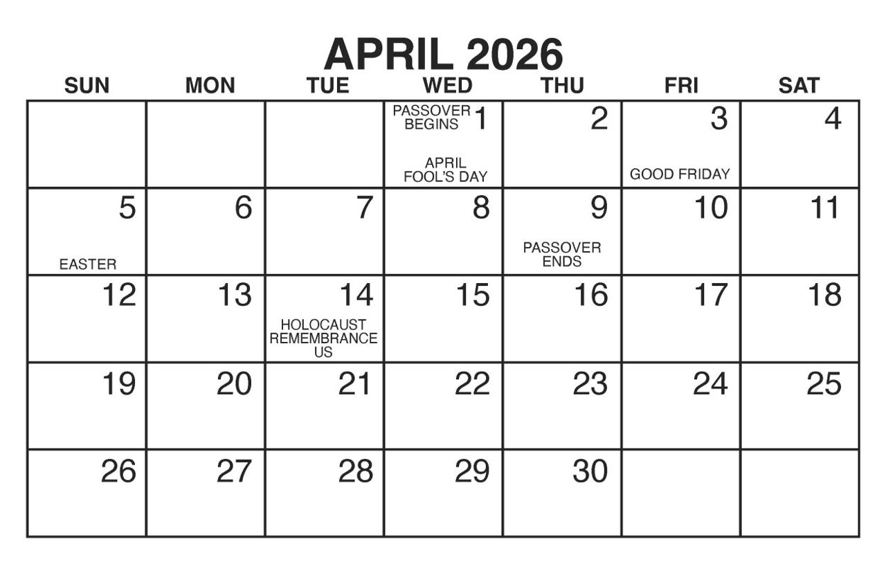 Image: 2026 large print calendar inside page