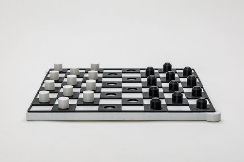 Image: tactile checkers, plastic, black and white, side view