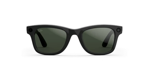 image: Ray-Ban Meta glasses with green transition lenses, dark, front view