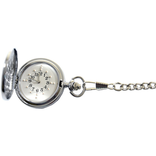 Silver Braille Handheld Watch with White Face and Chain