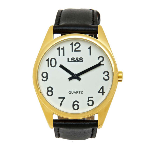 Jumbo Low Vision Watch White face, gold case, leather band
