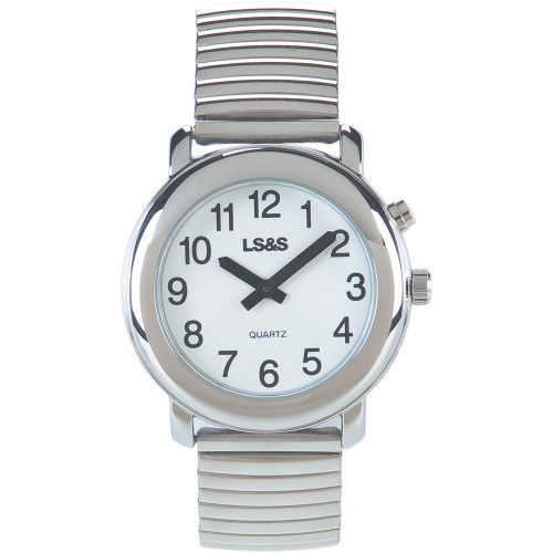 Talking 1-Button Watch With Choice of Voice White Face, Silver Color, Silver Expansion Band