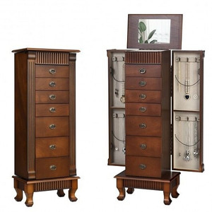 Wooden Jewelry Armoire Cabinet Storage Chest with Drawers and Swing Doors-Brown B593-HW65837