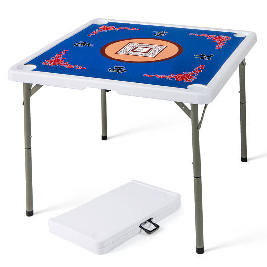 35 Inch 4 Player Game Card Folding Mahjong Table with Cup Holders-Blue - Color: Blue D681-UY10170BL
