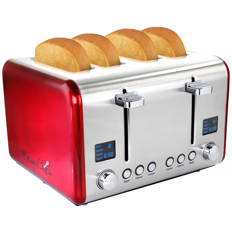 MegaChef 4 Slice Toaster in Stainless Steel Red D970-MG-TS2700