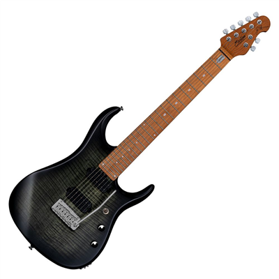 STERLING BY MUSICMAN JP15 7 STRING FLAME TOP MAPLE TRANS BLACK SATIN MAPLE NECK