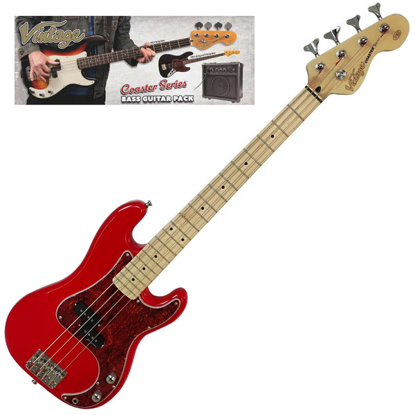 Vintage V30 Maple 7/8 Size Coaster Series Bass Guitar Pack ~ Gloss Red - SPECIAL OFFER!!