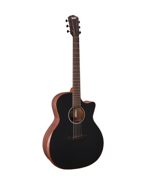 VEELAH V4 SERIES GUITAR - ACOUSTIC GA WITH CUTAWAY, SOLID TOP, ARM REST, SATIN BLACK W/ VEELAH LUXURY PADDED GIG BAG