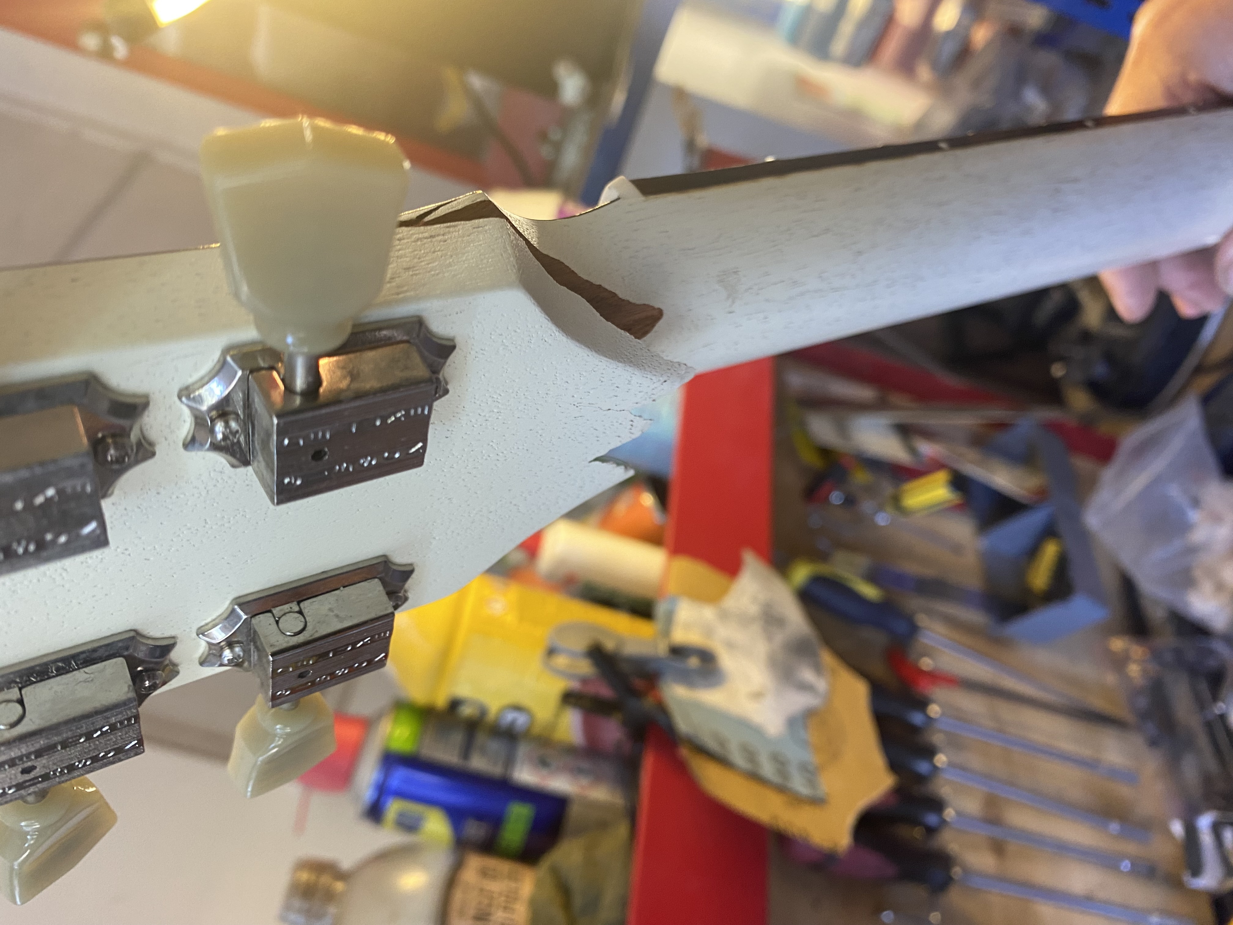 Broken headstock before repair