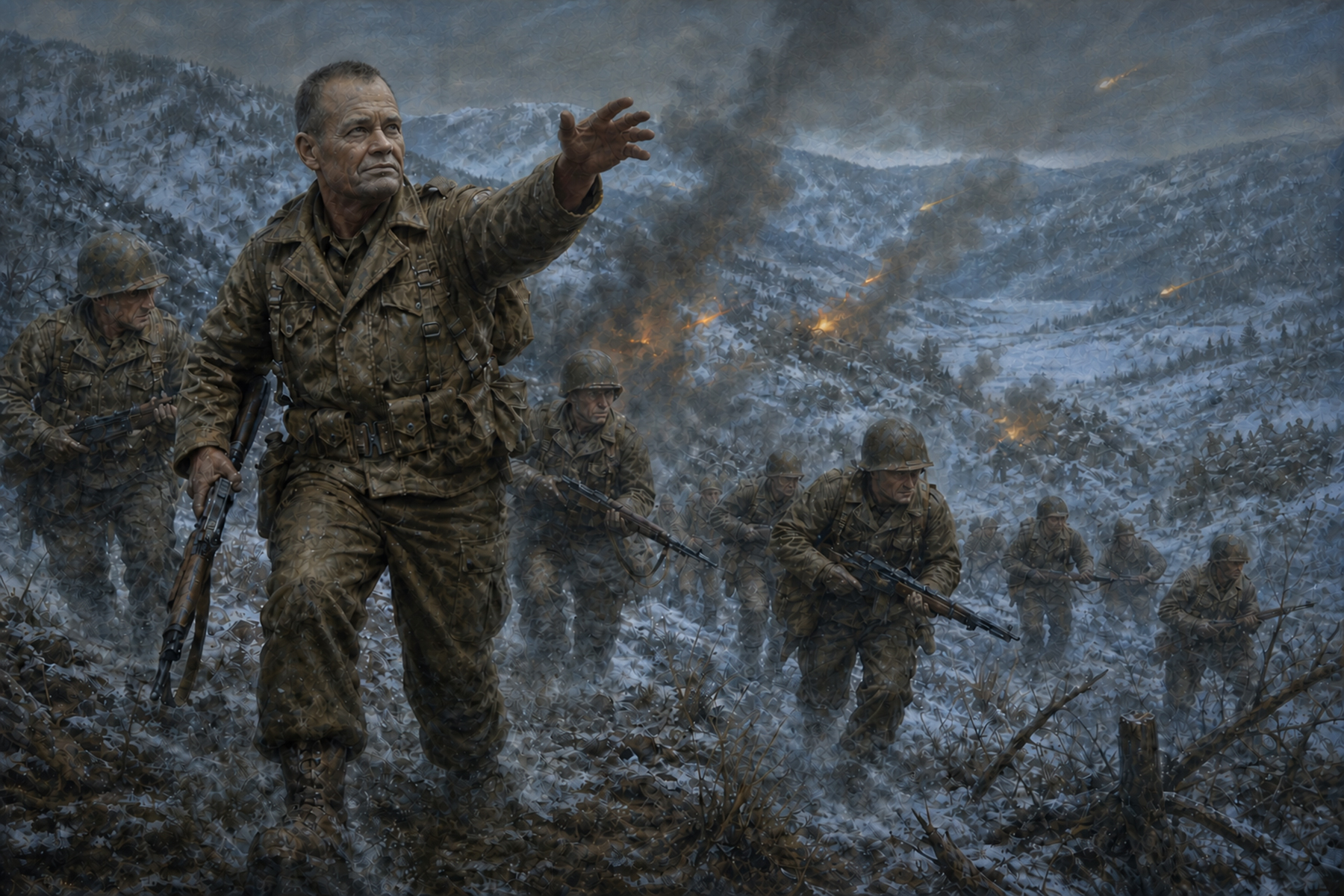 AI-generated illustration of Lieutenant General Lewis "Chesty" Puller leading Marines through snow-covered mountains during the Korean War.