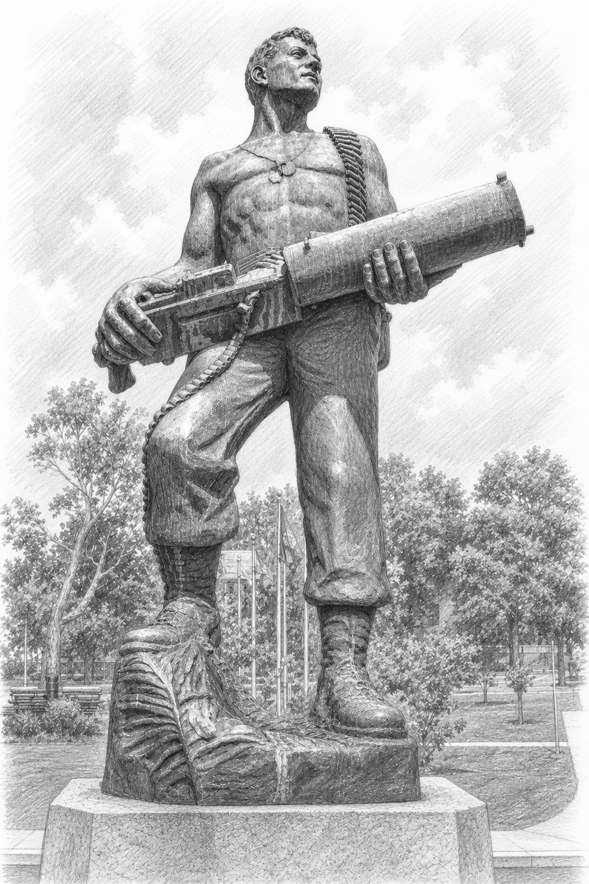 AI-generated pencil-style illustration of the John Basilone memorial statue.