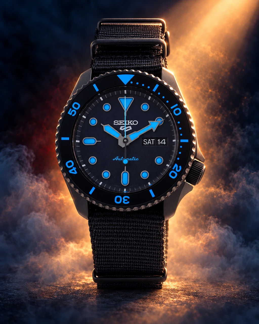 Seiko SRPD81K1 black and blue watch in a dark studio