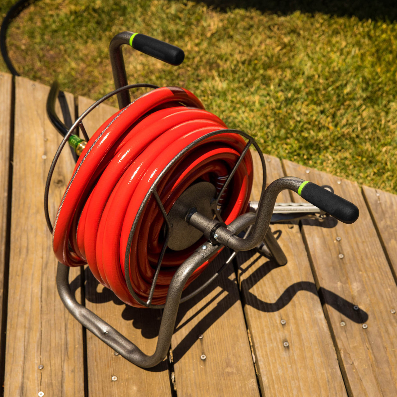 Woodside Cast Iron Garden Water Hose Reel with Wind Up Handle & Wheels 