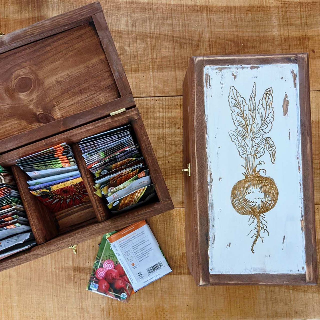 Wooden Seed Packet Organizer with Recycled Paper Dividers - Seed Storage