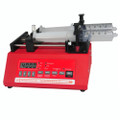 red New Era syringe pump pumping two 60 mL plastic syringes