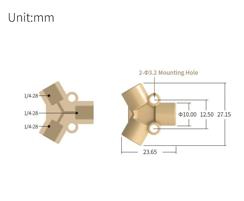 technical drawing of female thread Y adapter 1/4-28 - PEEK AD-049
