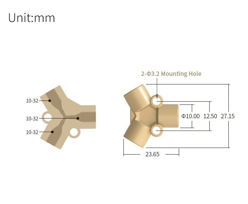 technical drawing of female thread Y adapter 10-32 - PEEK AD-050