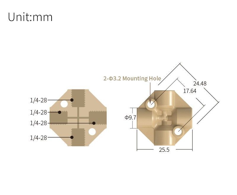 technical drawing of female thread Cross adapter 1/4-28 - PEEK AD-051