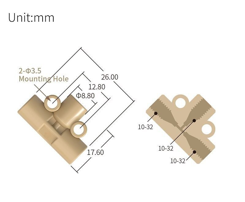 technical drawing of female thread T adapter 10-32 - PEEK AD-056