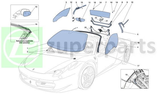 13. Ferrari 458 Spider RH EXTERNAL REAR VIEW MIRROR GLASS (Screens,-83739900)