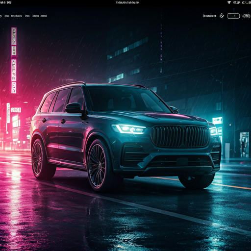 SUV in city at night
