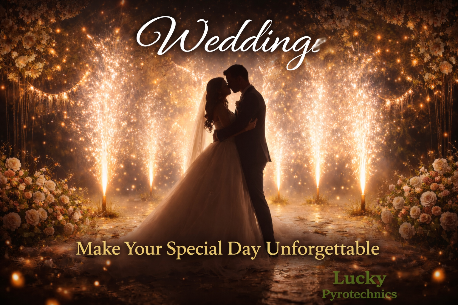 Bride and groom with wedding fireworks display