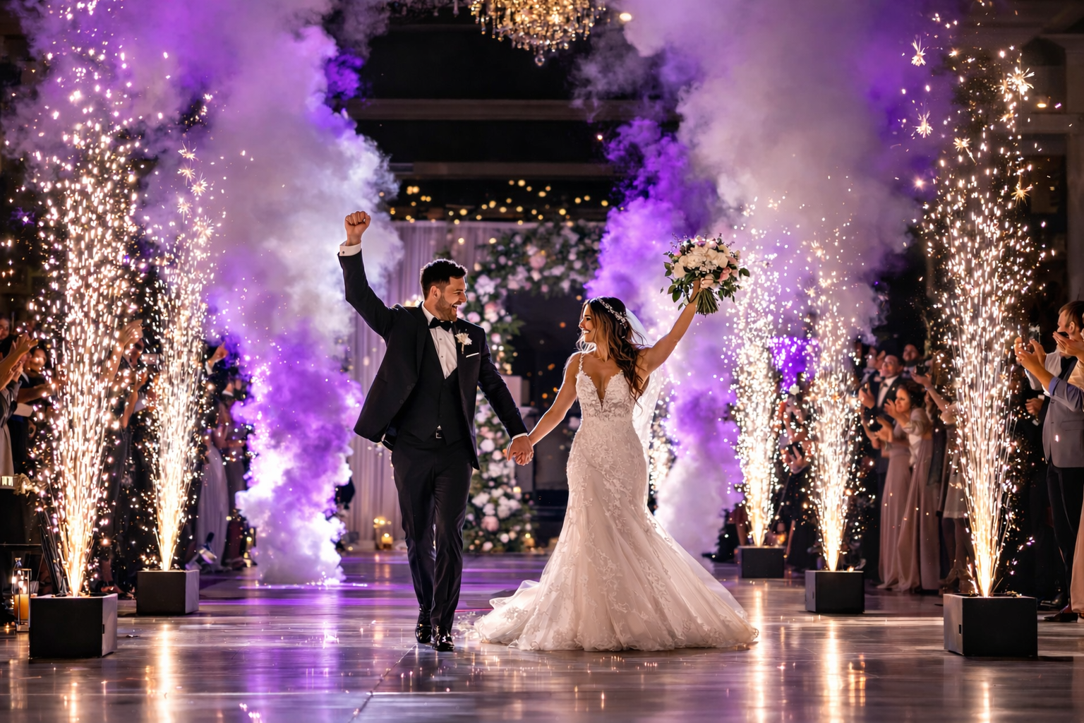 Wedding celebration with fireworks and romantic atmosphere