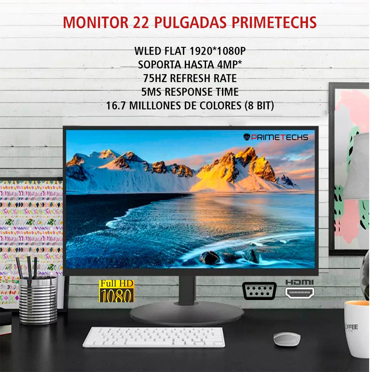 PRIMETECHS Monitor 22 Pulg, VGA, HDMI, LED, 75H y WSXGA Pantalla ancha  extendida, Resolución 2k (1680x1050 P)