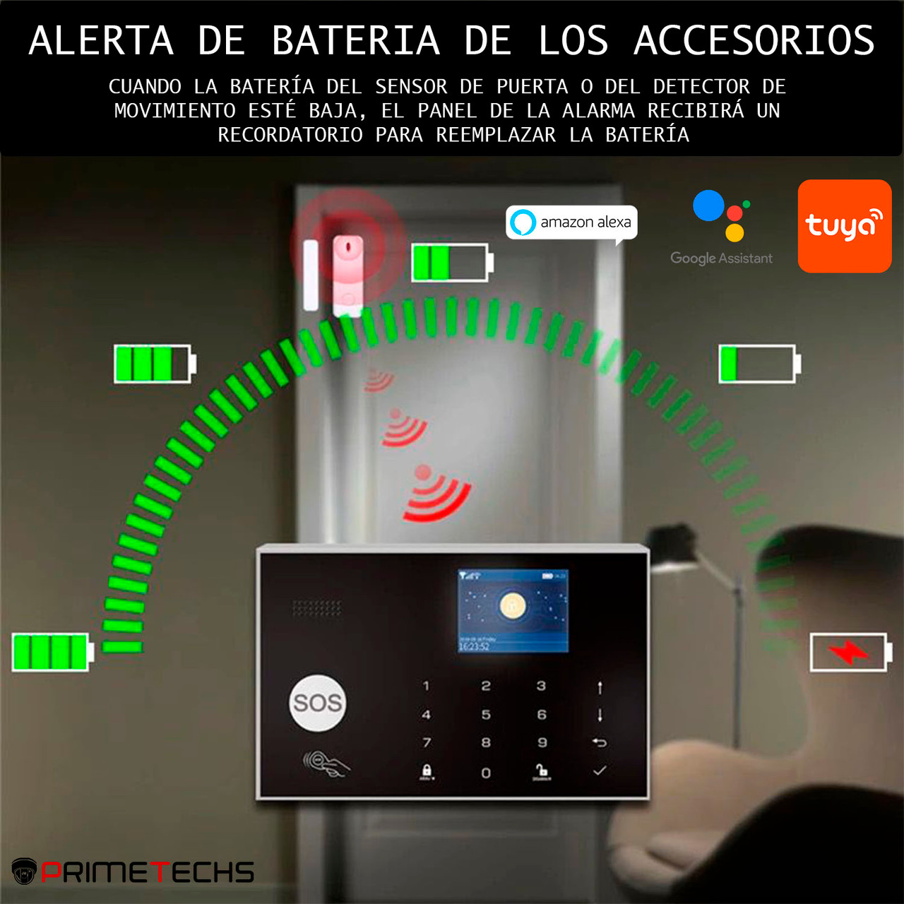 Alarma inalámbrica PRIMETECHS WIFI con pantalla touchscreen para sensores  inalámbricos y alámbricos, sirena exterior y notificación por aplicación  celular TUYA. Compatible con Alexa y Google Home.
