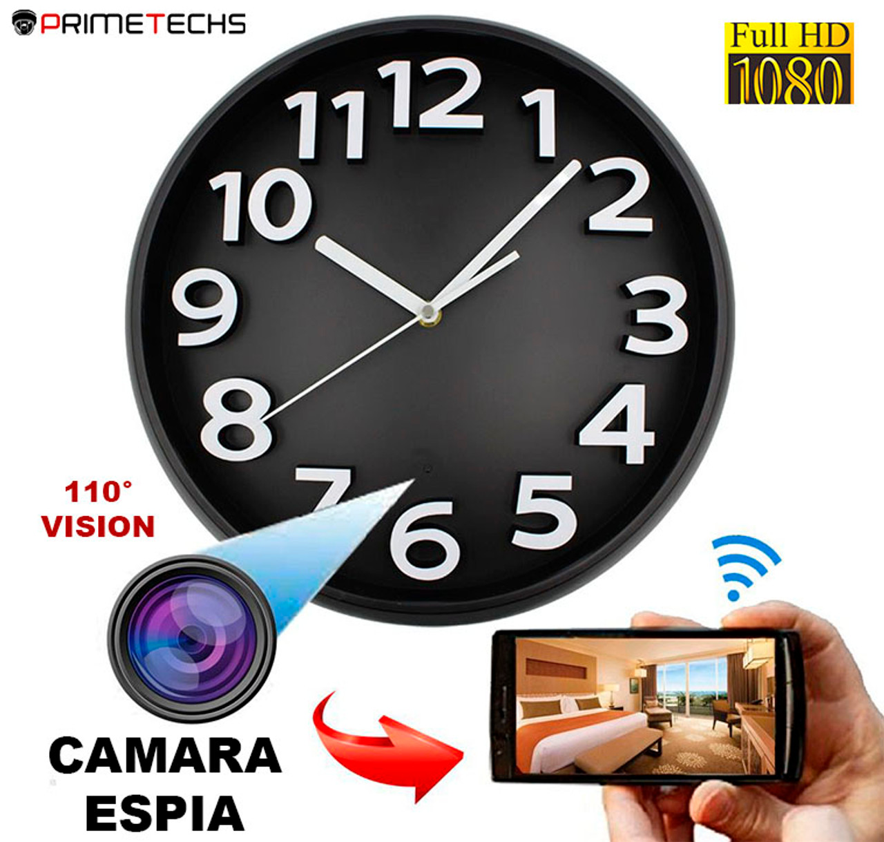 Reloj con mini cámara integrada de 1080p 2 megapíxeles, totalmente WIFI,  batería de respaldo de 1200mAh, infrarrojo discreto, 30fps