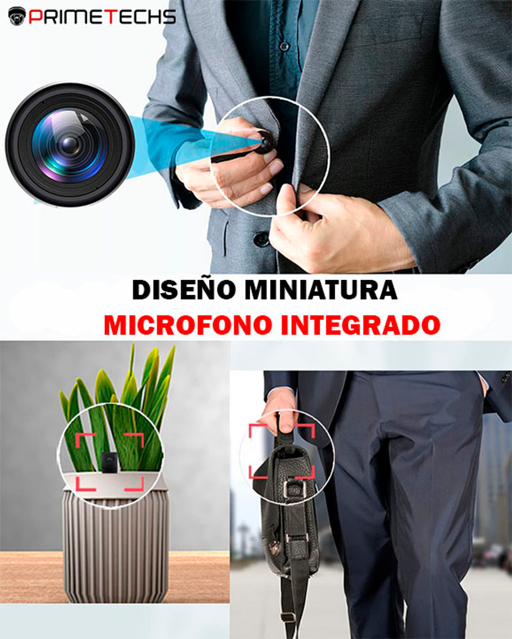 PRIMETECHS Cámara espía de 2 FULLHD, WiFi, de micrófono, tamaño Miniatura, App Celular