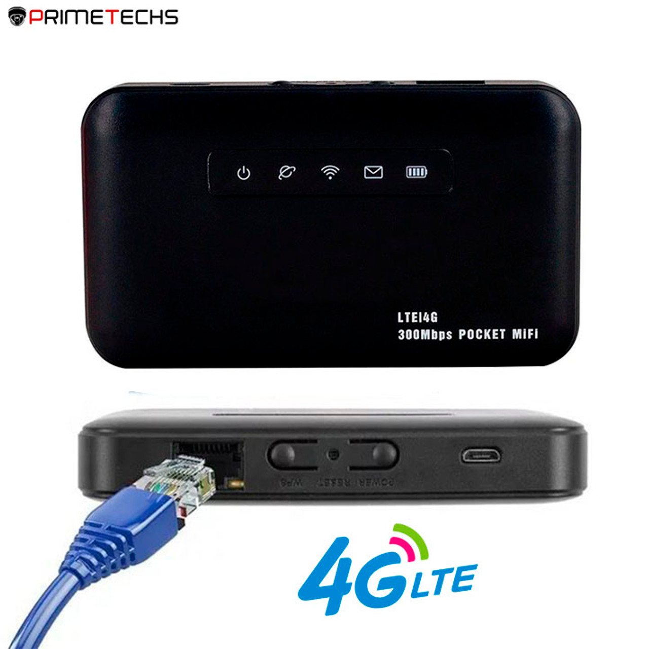 Internet Portatil PRIMETECHS, Enrutador Modem, MIFI, Internet Wi-Fi móvil,  SIM 4G LTE de cualquier compañía celular, 300 Mbps de velocidad, 1 Salida  RJ45 para conexión de PC o Switch de datos, Botón