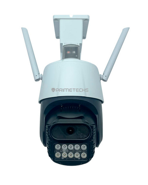Cámara PRIMETECHS IP WIFI y Cable RJ45, PT 4MP Alarma y Estrobo, Fullcolor , detección y auto seguimiento humano, audio bidireccional. Inteligencia Artificial y grabación en nube(Opcional) , ONVIF Dahua y Hikvision